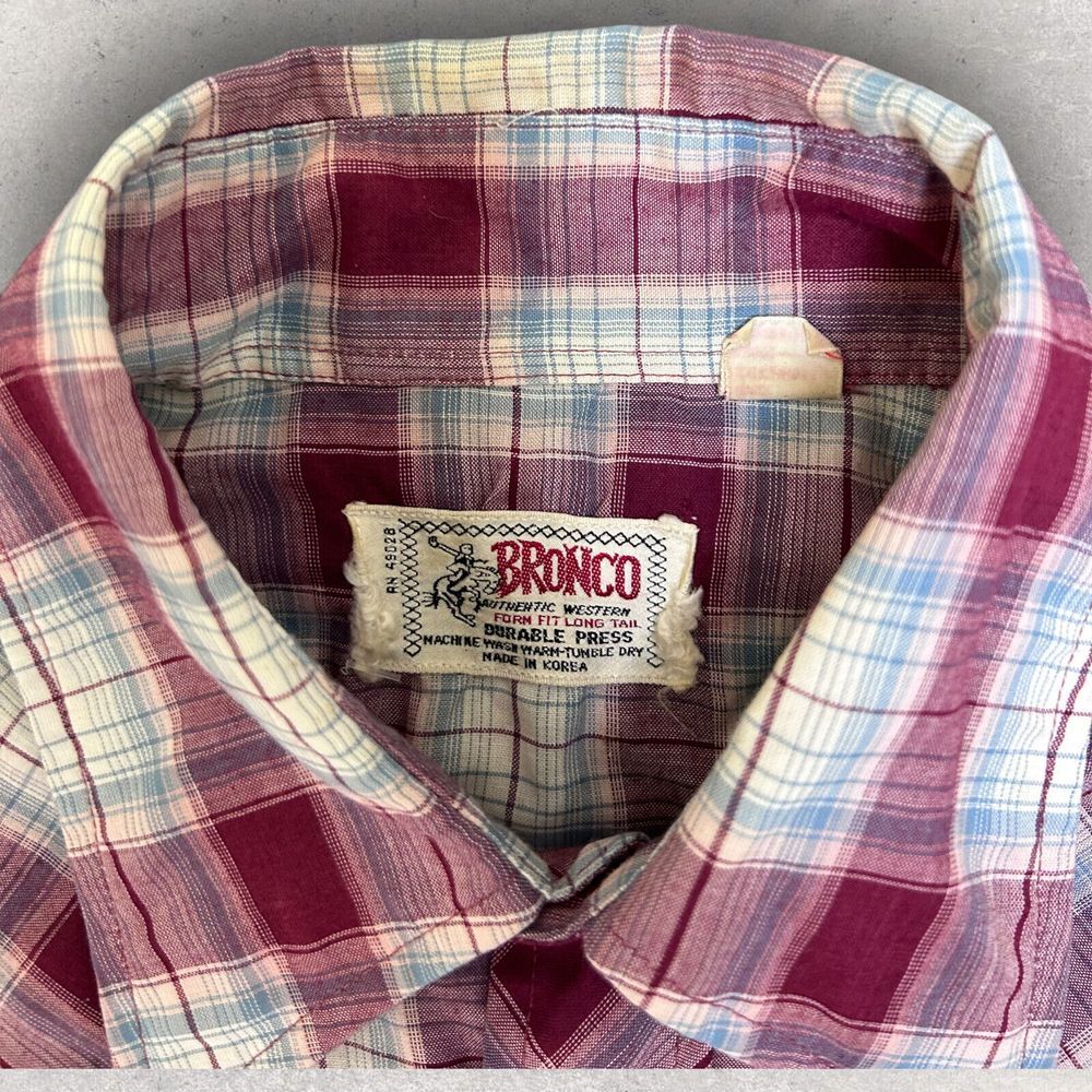 Vtg 70s Bronco Western Mens Fits Medium‎ Red Plaid Pearl Snap - Picture 5 of 9